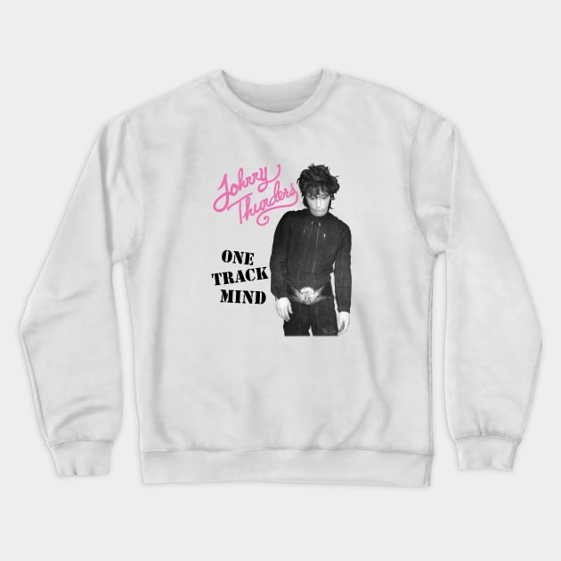 Johnny Thunders- One Track Mind on a white ringspun Crewneck Sweatshirt by Hoang Bich